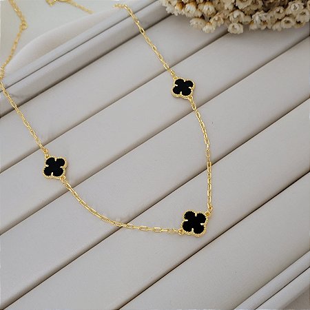 Colar Trevo Preto Banhado a Ouro 18K