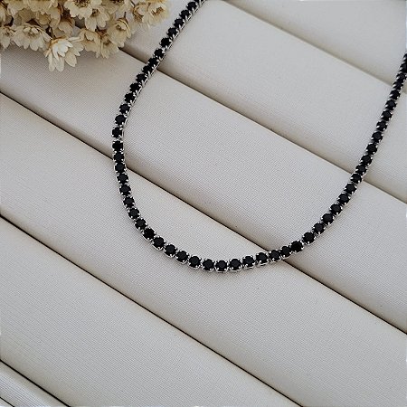 Colar Choker Riviera Preto 2,5mm  Banhado a Ródio Branco