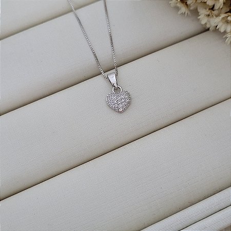Colar Coração c/ Microzircônia Banhado a Ródio Branco
