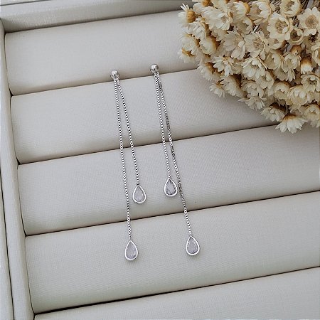 Brinco Gota Dupla Zircônia Banhado a Ródio Branco