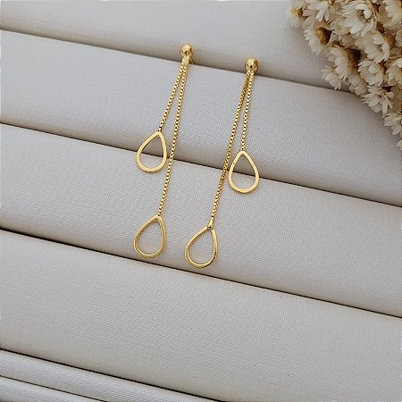Brinco Gota Vazada Duplo Longo Banhado a Ouro 18K