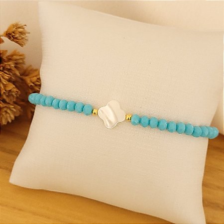 Pulseira de Cristais 4mm c/ Trevo de Madrepérola Banhado a Ouro 18K