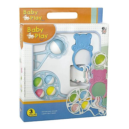 Kit Baby Play Infantil Chocalho e Mordedor Azul 3 Peças PICA PAU