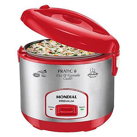 Panela de Arroz Elétrica Mondial Pratic 6 PE-35 500 Watts 220V ~ 50 / 60 Hz - Cor Vermelha com Prata