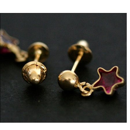Brinco de Ouro 18k Estrela com Pedra de Zirconia Vermelha
