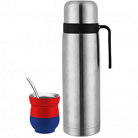 Garrafa Térmica Inox de 1 Litro com Cuia e Bomba MEGA STAR TM12C Prata com Vermelho e Azul