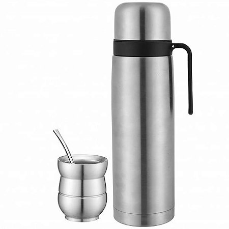 Garrafa Térmica Inox de 1 Litro + Cuia e Bomba MEGA STAR TM12N Prata