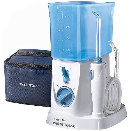 Irrigador Bucal WATERPIK Traveler WP-300E 03 Níveis de Pressão 444ml Bivolt Branco com Azul