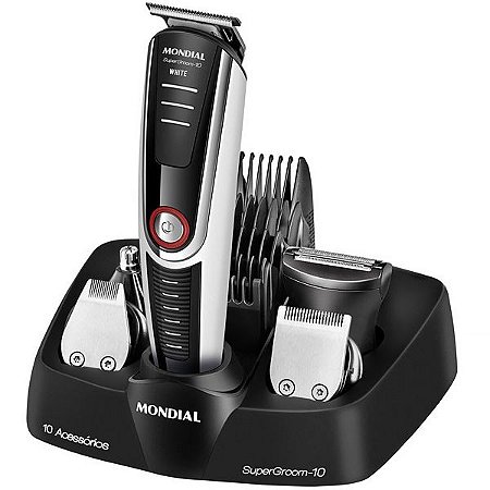 Aparador de Pelos Mondial com 10 Peças Bivolt SuperGroom-10 - Cor Preto com Branco