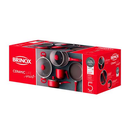 Jogo de Panelas em Cerâmica Life Smart com 05 Peças Vermelho BRINOX