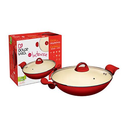 Panela Wok Intense de Alumínio Antiaderente Cerâmico com Tampa de Vidro de 32cm - Cor Vermelho