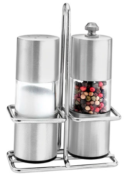 Kit Moedor de Pimenta e Saleiro em Inox com Suporte 03 Peças UNY GIFT