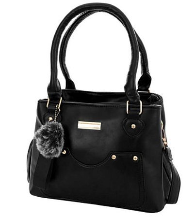 Bolsa Feminina Pequena Executiva Tachas com Pompom PRETO