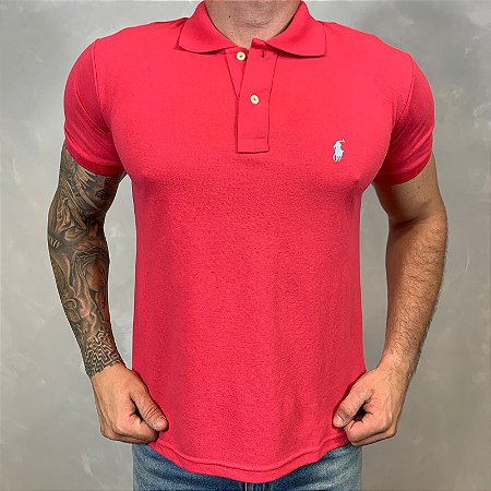 Polo Masculina PRL Rosa Flamingo Básica Logo Azul Bebê