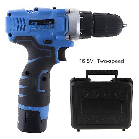 Furadeira Elétrica sem Fio 16.8V Pilha de Iões de Lítio Adaptador 100 ~ 240V AC - Cor Azul com Preto