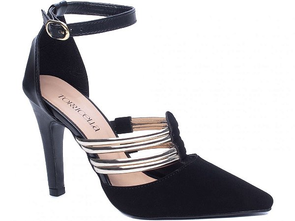 Sapato Scarpin TORRICELLA Preto Nobuck Speechio Ouro Light