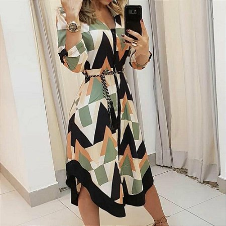 Vestido Chemise Manga Longa Casual Holiday Geométrico Midi