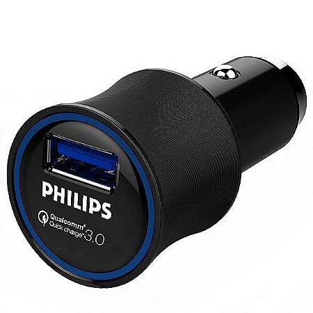 Carregador Veicular PHILIPS USB Tecnologia Qualcomm Quick Charge 3.0 para Recargas Rápidas Preto
