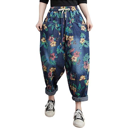 Calça Jeans Capri Cintura Alta Elástico Floral