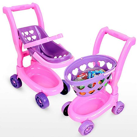Kit Carrinho de Compras + Carrinho de Boneca + Acessório Infantil