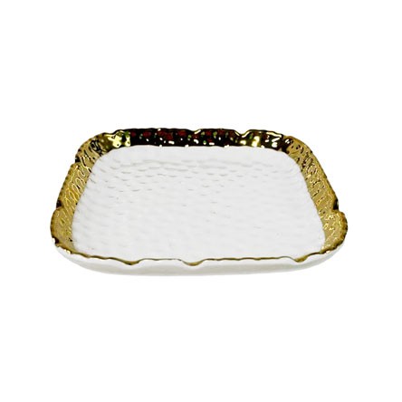 Bandeja de Porcelana Quadrada 15x15 cm Branca com Borda Dourada PRACAZA