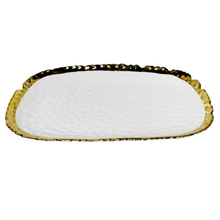 Bandeja de Porcelana Retangular 28x18 cm Branca com Borda Dourada PRACAZA