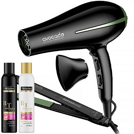 Kit Chapinha + Secador de Cabelo GAMA Avocado 220V Preto com Verde + Shampoo e Condicionador TRESemmé Regeneración Tresplex