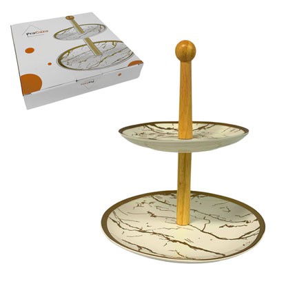 Porta Doce de Porcelana e Bambu 02 Andares 27 cm PRACAZA