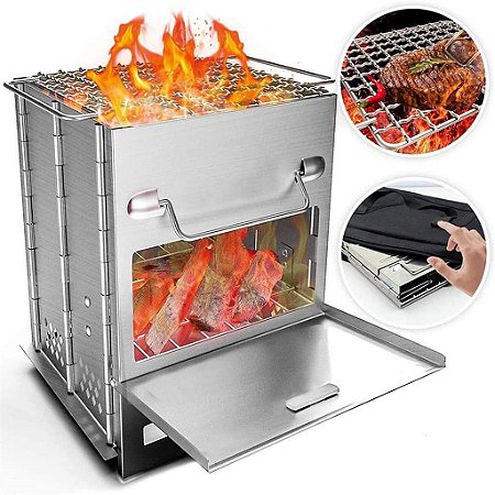Fogão para Camping Grill Portátil à lenha de Aço Inoxidável