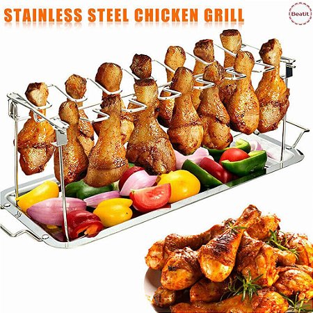 Grill para Aves com Suporte com Gotejamento para Churrasco em Aço Inoxidável