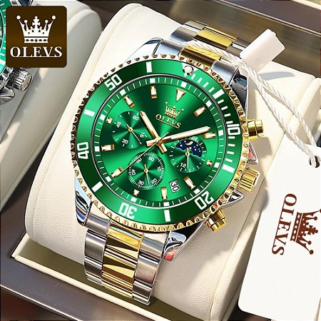 Relógio Masculino OLEVS 2870 com Caixa de Presente Cronógrafo Multifuncional Três Olhos Verde Água
