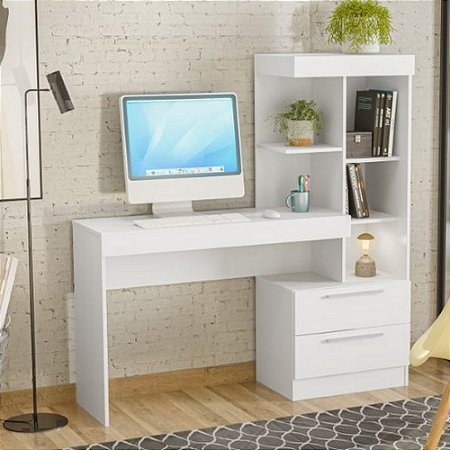 Mesa Office para Escritório 1,30m 02 Gavetas Branco e Rosa NOTÁVEL