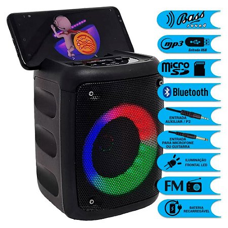 Caixa de Som 10W Hi-Fi Rádio FM RGB Luzes Bluetooth Pendrive