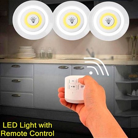 Lâmpadas Luminária Adesiva Led Controle Remoto sem Fio Spot Kit com 03 Peças