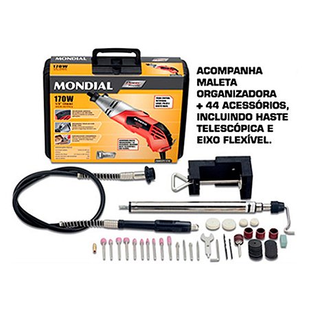 Micro Retífica Mondial 170 Watts 1/8-3/32 com 44 Acessórios Preto com Vermelho