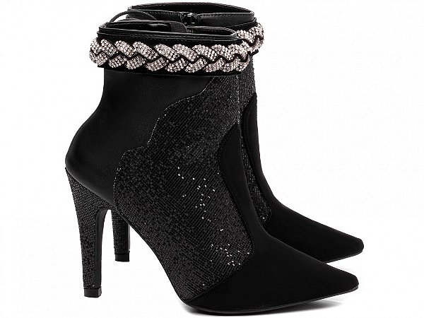 Bota Feminina TORRICELLA Preto Bico Fino Pulseira e Glitter