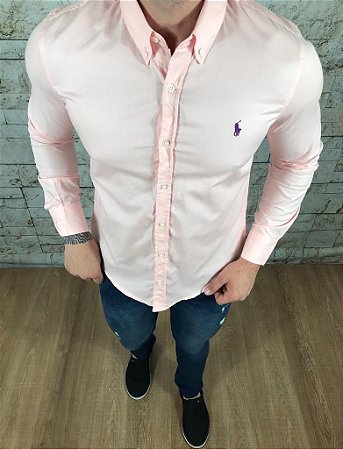 Camisa Masculina RL Manga Longa Rosa Médio Logo Roxo