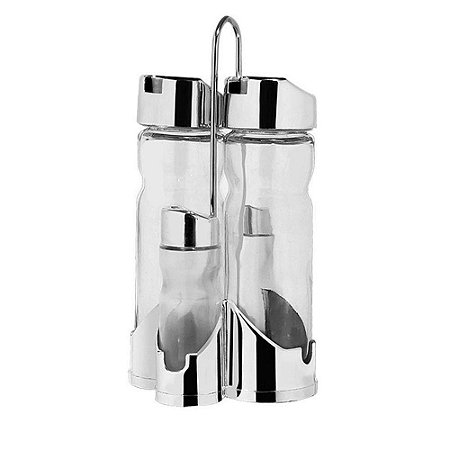 Kit Galheteiro de Vidro com 04 Peças 02 Porta Temperos 02 Porta Condimentos e 01 Suporte