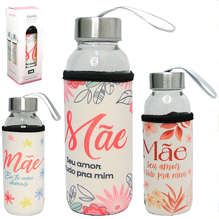 Garrafa de Vidro com Tampa Inox e Capa em Neoprene 300ml Tema Dia das Mães