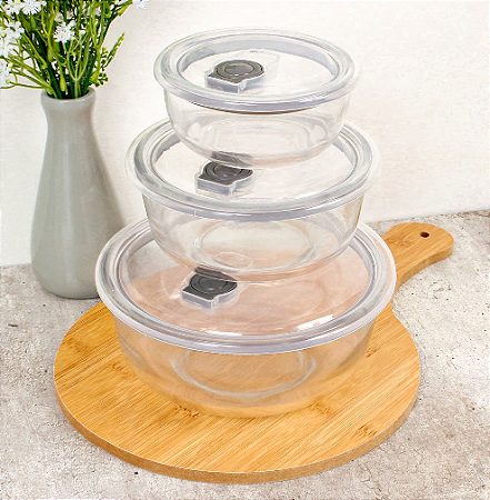 Conjunto com 03 Potes Herméticos Redondos em Vidro de 350ml à 1,2L WELLMIX
