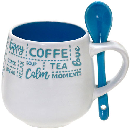 Caneca de Cerâmica Happy com Colher 325 ml MABRUK 02 Unidades