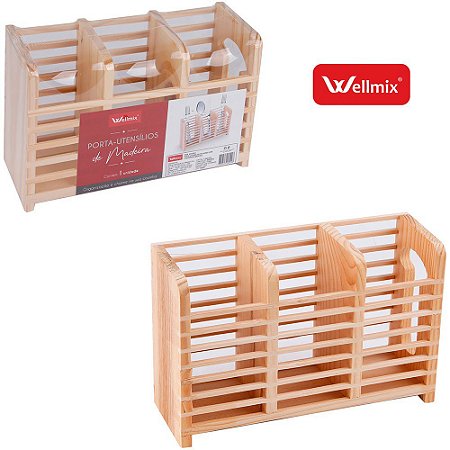 Escorredor WELLMIX Porta Talher Utensílios de Madeira com 03 Divisórias