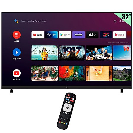 Smart TV LED 32" MK32FSAH HD Android TV Wi-Fi e Bluetooth com Conversor Digital Preto MTEK