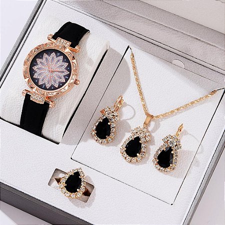 Relógio Feminino MONTRE Conjunto com Pulseira de Couro Colar Anel Brinco