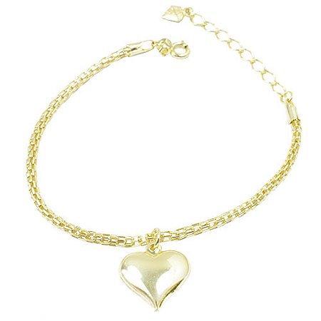 Pulseira com Pingente em Forma de Coração Abaulado Frente e Verso Folheado a Ouro/Folheado a Prata