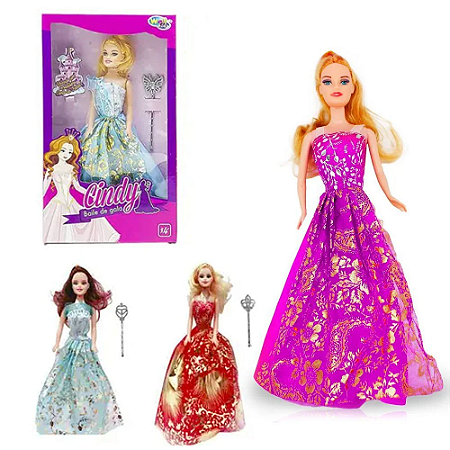Brinquedo Infantil Boneca Princesa Cindy Baile de Gala com Acessório Kit com 03 WELLKIDS
