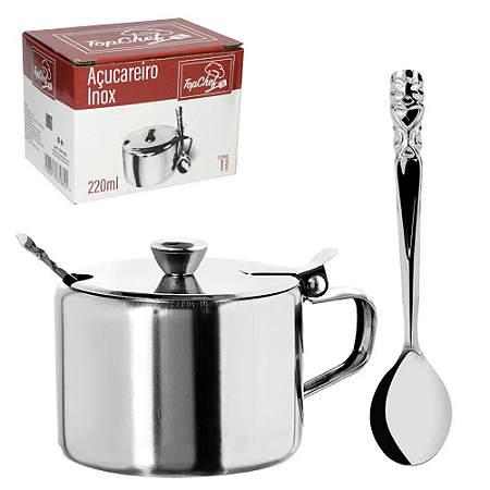 Açucareiro com Tampa + Colhe em Inox Elegante 220ml
