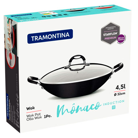 Wok de Alumínio TRAMONTINA Mônaco com Tampa de Vidro 4,5 Litros Preto