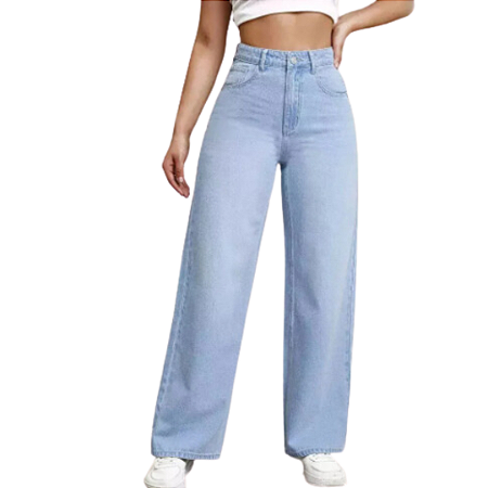 Calça Jeans Wide Leg Feminina Azul Claro Lisa Cintura Alta