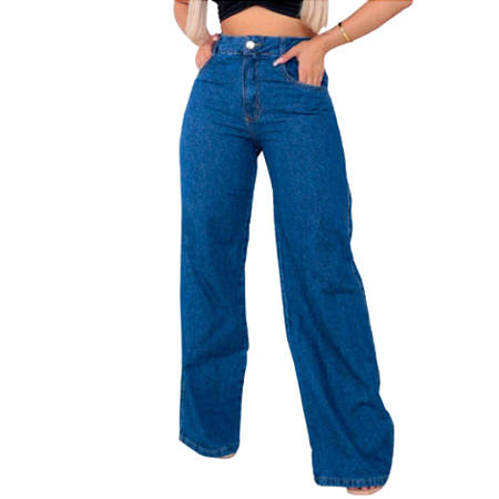 Calça Jeans Wide Leg Feminina Azul Escuro Lisa Cintura Alta